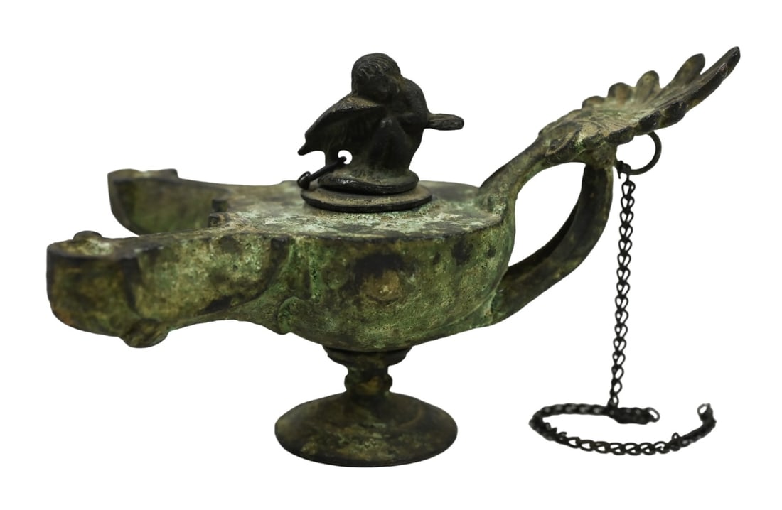 Antique Grand Tour Bronze Roman Oil Lamp: Antique Grand Tour Bronze Roman Oil Lamp with two Divergent Nozzles.Measures 3 inches x 4 inches x 5.5 inches.