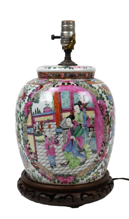 Asian Famille Rose Medallion Lamp on Carved Base (1 of 7)