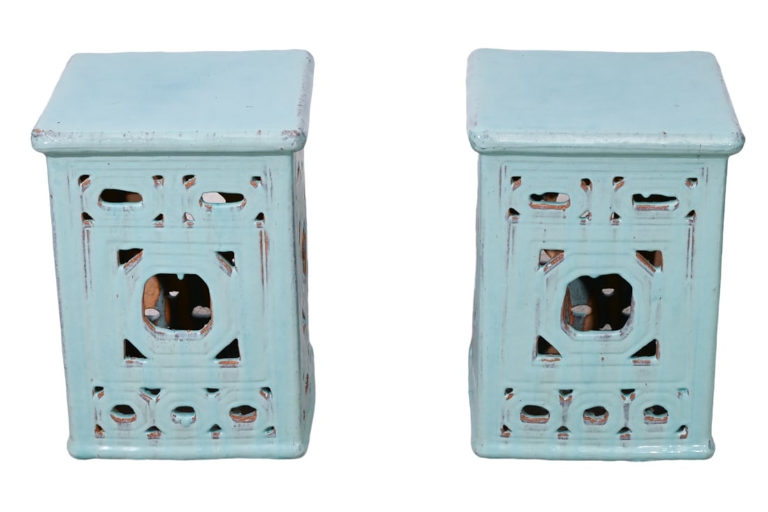 Pair Celadon Pedestal Garden Ceramic Stools (1 of 9)