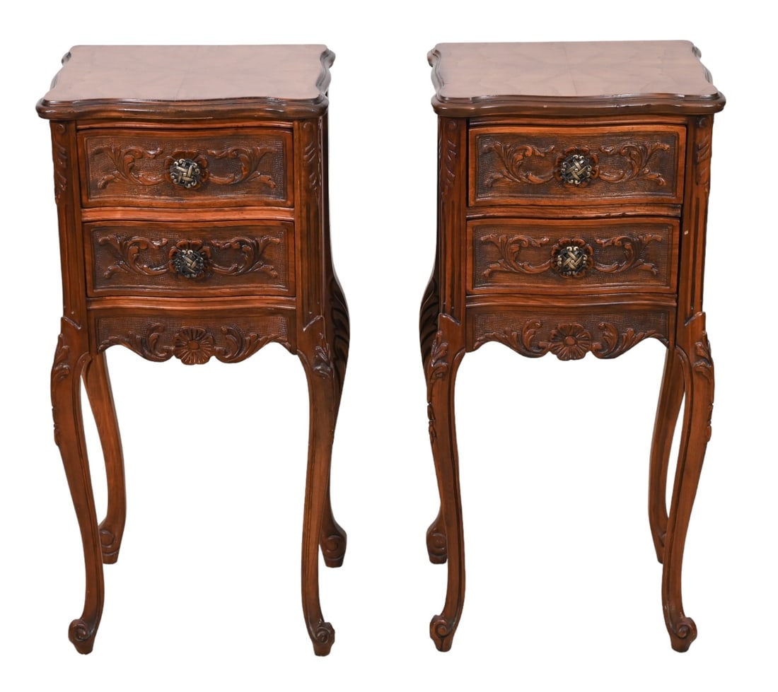 Pair French Provincial Hand Carved Nightstands: Pair French Provincial Hand Carved Nightstands.Measures 30 inches x 14 inches x 11 inches.