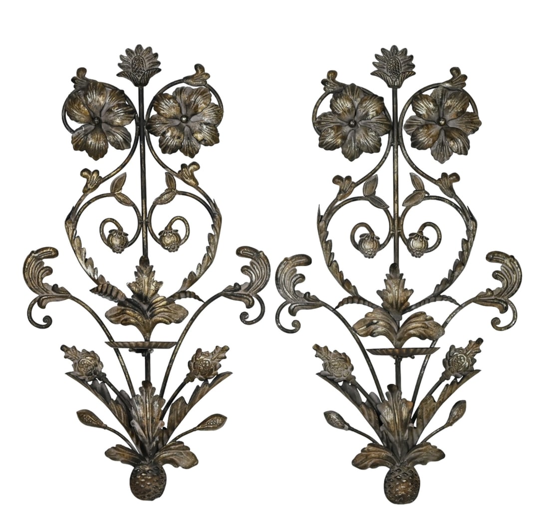 Pair Wrought Iron 7 Tole Pillar Candle Sconces (1 of 8)