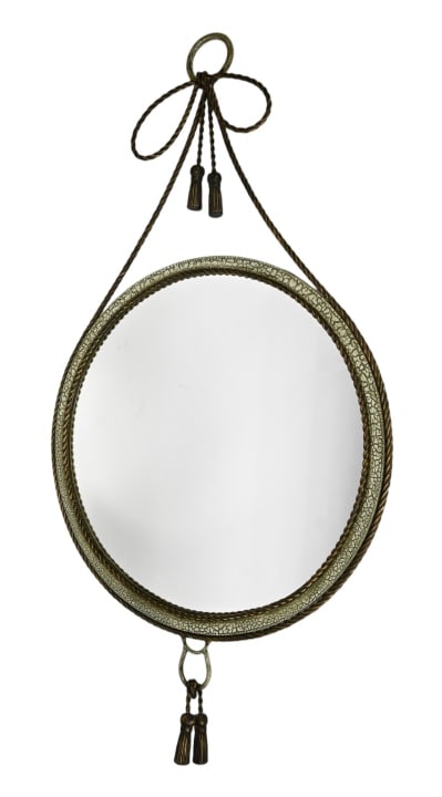French Wrought Iron Rope & Tassel Motif Mirror: French Wrought Iron Rope & Tassel Motif Mirror. Measures 41 inches x 22 inches. Mirror needs to be reattached.