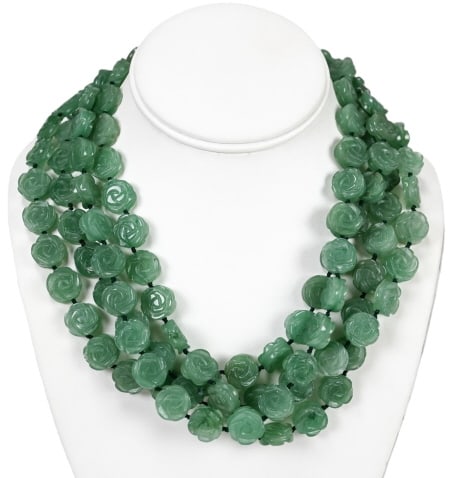 Jade Rose Motif 4 Strand Choker w Bi Disk Clasp: Jade Carved Rose Motif 4 Strand Choker with Bi Disk Style Clasp. Measures 20 inches x 2.5 inches wide.