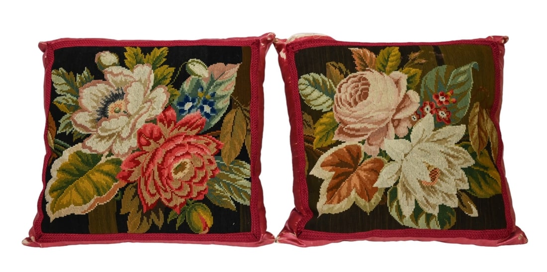 Pair Antique Needlepoint Panel Floral Pillows (1 of 7)