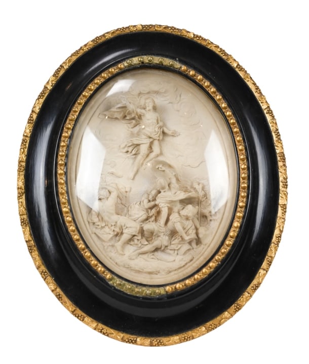 Antique 19th C Bisque Intaglio Convex Glass Frame: Antique 19th Century Bisque Intaglio Convex Glass Frame Christ's Ascension. Measures 11 inches x 9 inches.