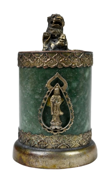 Indo Persian Tole & Hardstone Incense Burner: Vintage Indo Persian Tole & Hardstone Incense Burner with Foo Lion Finial. Measures 4 inches x 2 inches.