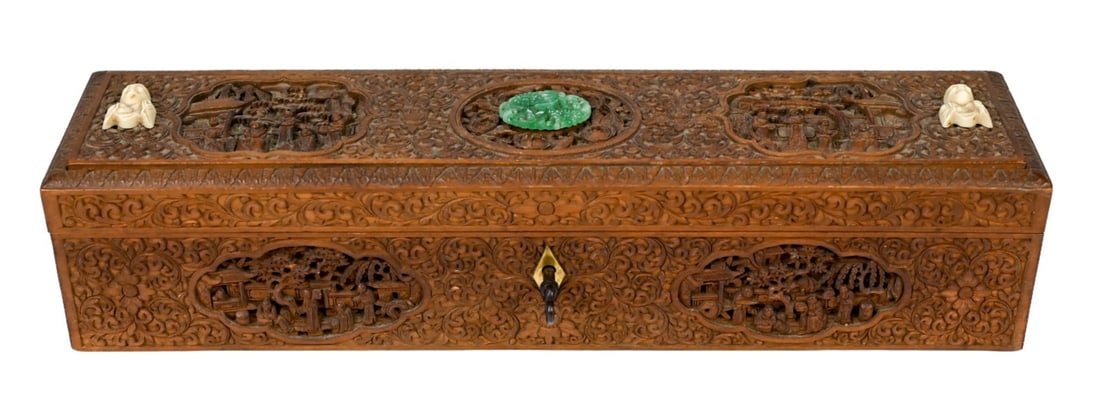 Hand Carved Chinese Scroll Box w Carved Applique (1 of 8)