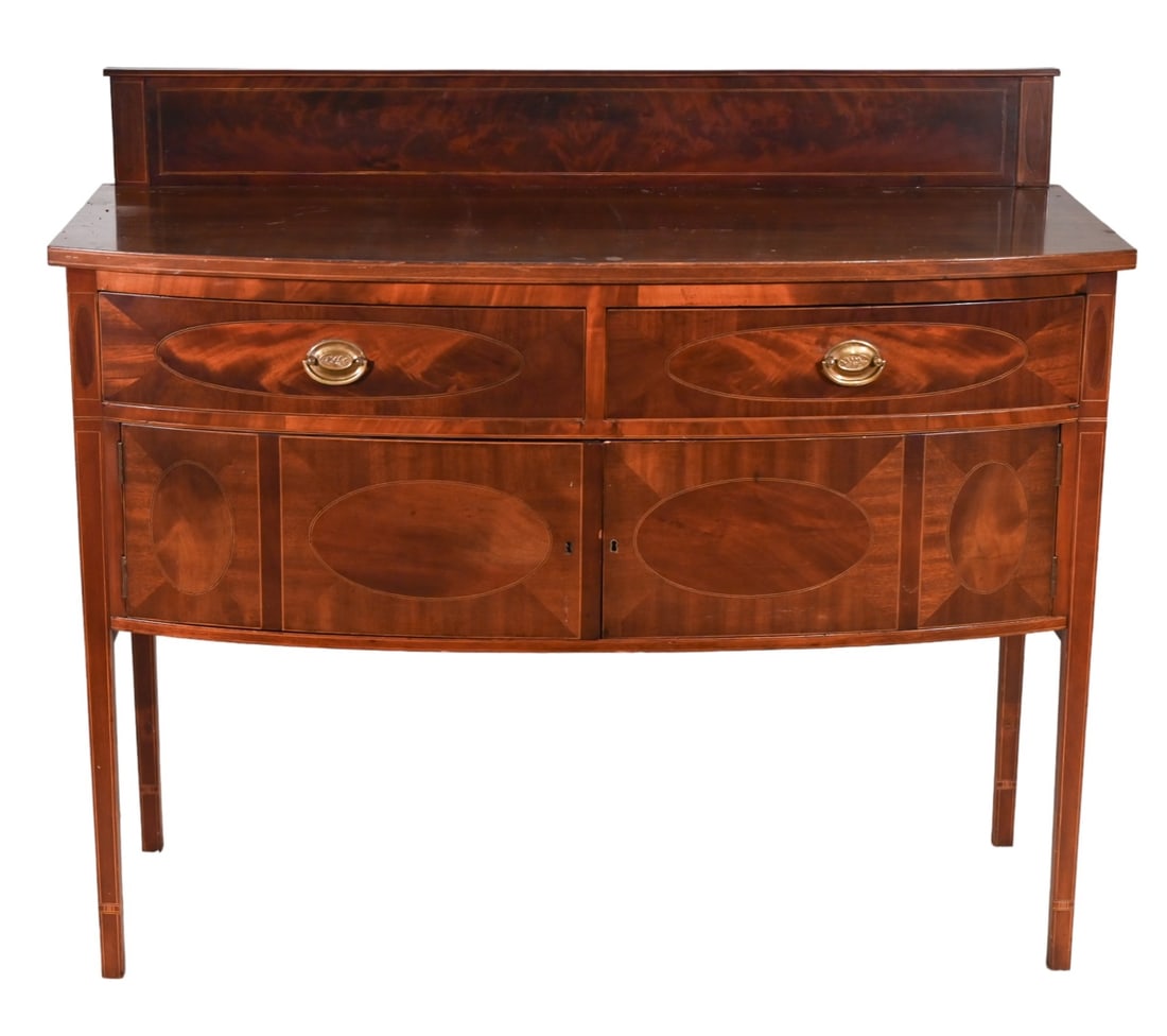Antique Federal Style Inlaid Mahogany Sideboard: Antique Federal Style Inlaid Mahogany Sideboard.Measures 44 inches x 50 inches x 19 inches.
