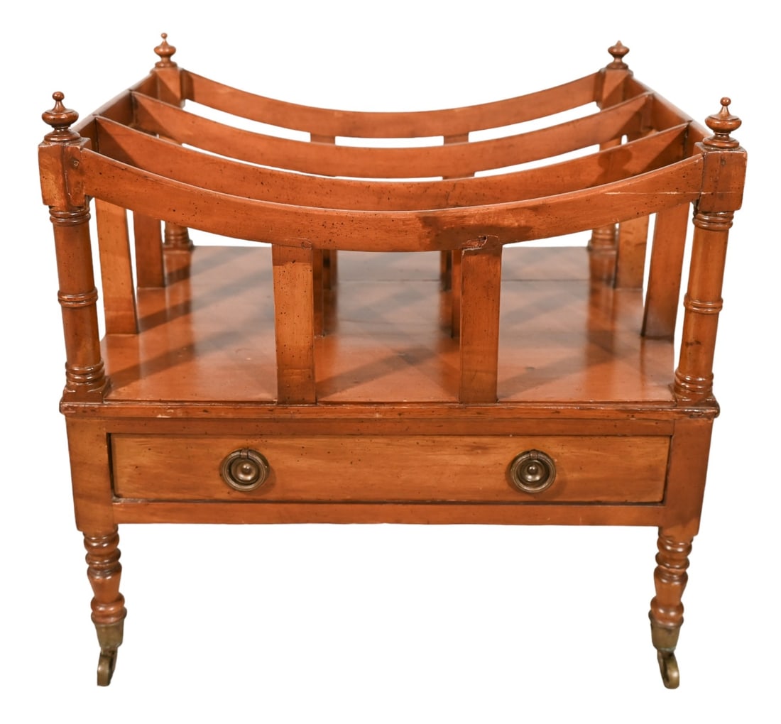 Antique George III Canterbury on Casters: Antique George III Canterbury on Casters. Measures 19 inches x 19 inches x 15 inches. Please note evidence of cracks in the photographs.