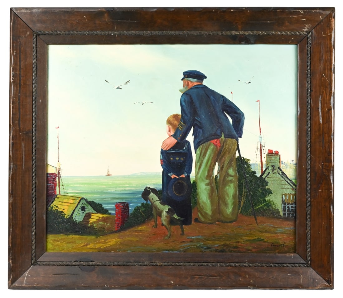 Signed Oil Painting Old Sailor W/ Pipe On Dock Signed Oil Painting Old Sailor W/ Pipe On Dock