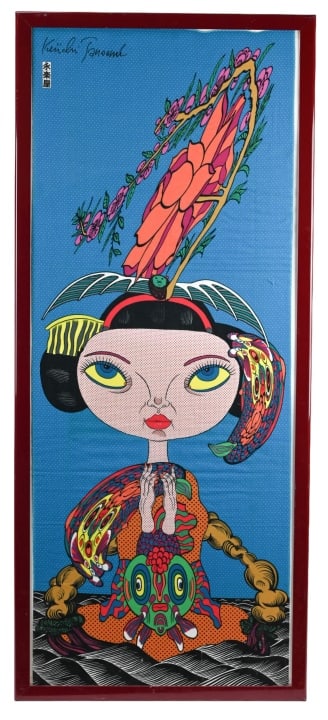 Keiichi Tanaami Signed Print on Fabric: Keiichi Tanaami, Japanese Born 1936, Signed Print on Fabric. The piece appears to be signed in ink, after print. Sold as is, no returns will be entertained. Measures 38 inches x 16 inches.