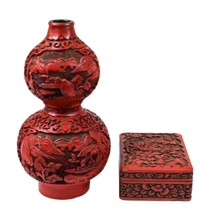 2 Chinese Cinnabar Style Table Top Vase & Box (1 of 10)