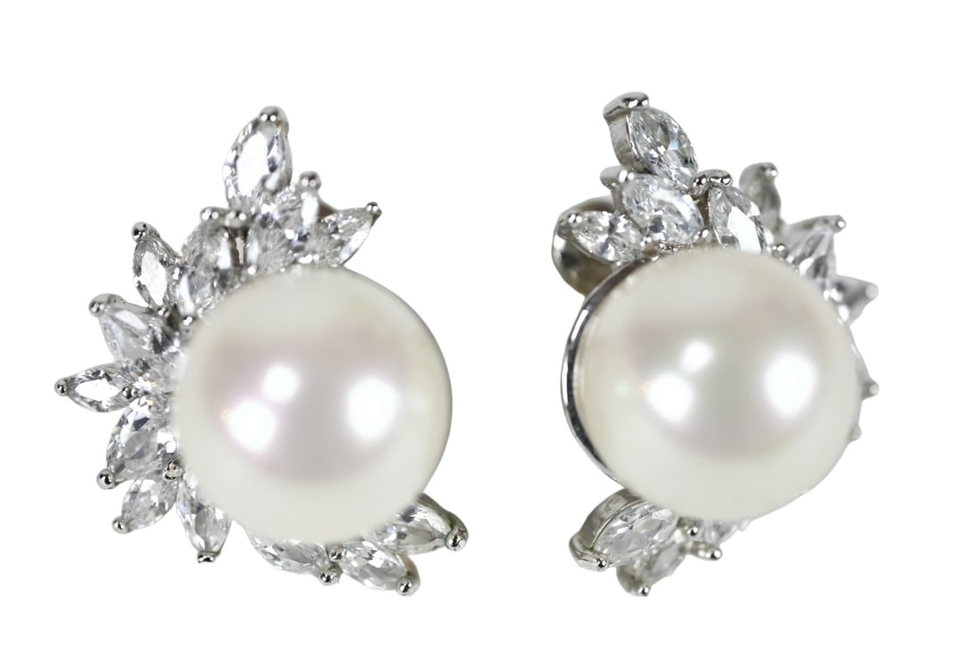 Fallon Costume Jewelry Pearl & Diamond Earrings: Fallon Costume Jewelry Pearl & Diamond Cluster Earrings. Each measures 1 inches long.