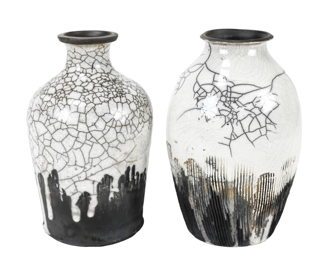 Pair DRL Signed Raku Black & White Pottery Vases (1 of 9)