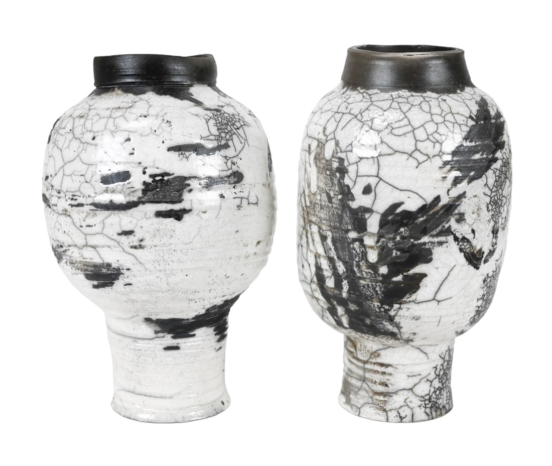 Pair DRL Signed Raku Black & White Pottery Vases (1 of 7)