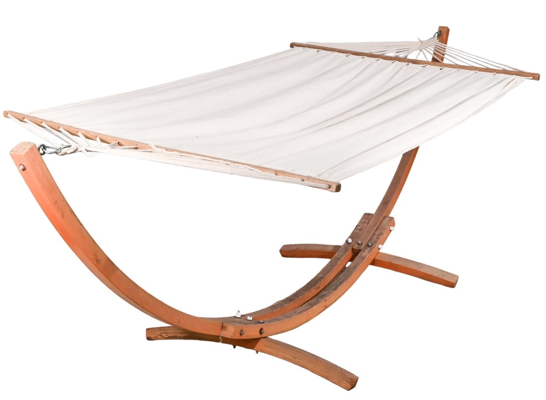 Teak Outdoor Garden Hammock: Teak Outdoor Garden Hammock. Measures 42 inches x 132 inches x 40m inches.