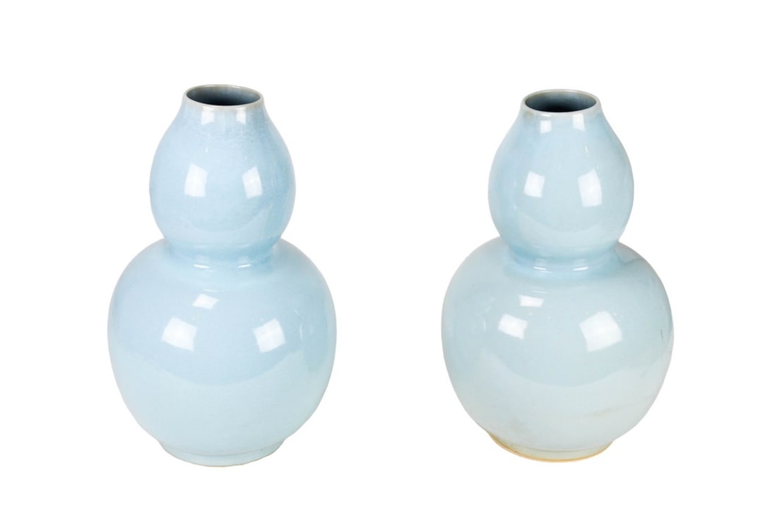 Pair Large Chinese Double Gourd Light Blue Vases (1 of 7)