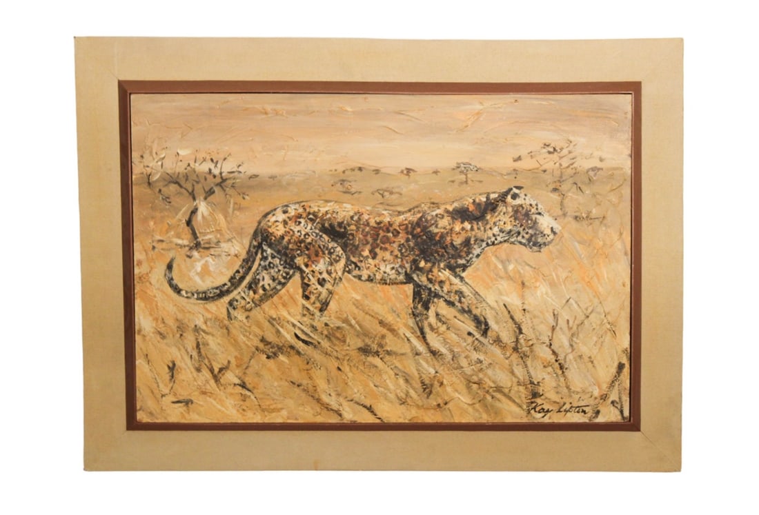 Kay Lipton Acrylic Painting Portrait of Leopard: Kay Lipton Acrylic Painting on Board Portrait of Leopard in Wild. Framed measures 39 inches x 28 inches, art measures 21 inches x 32 inches.