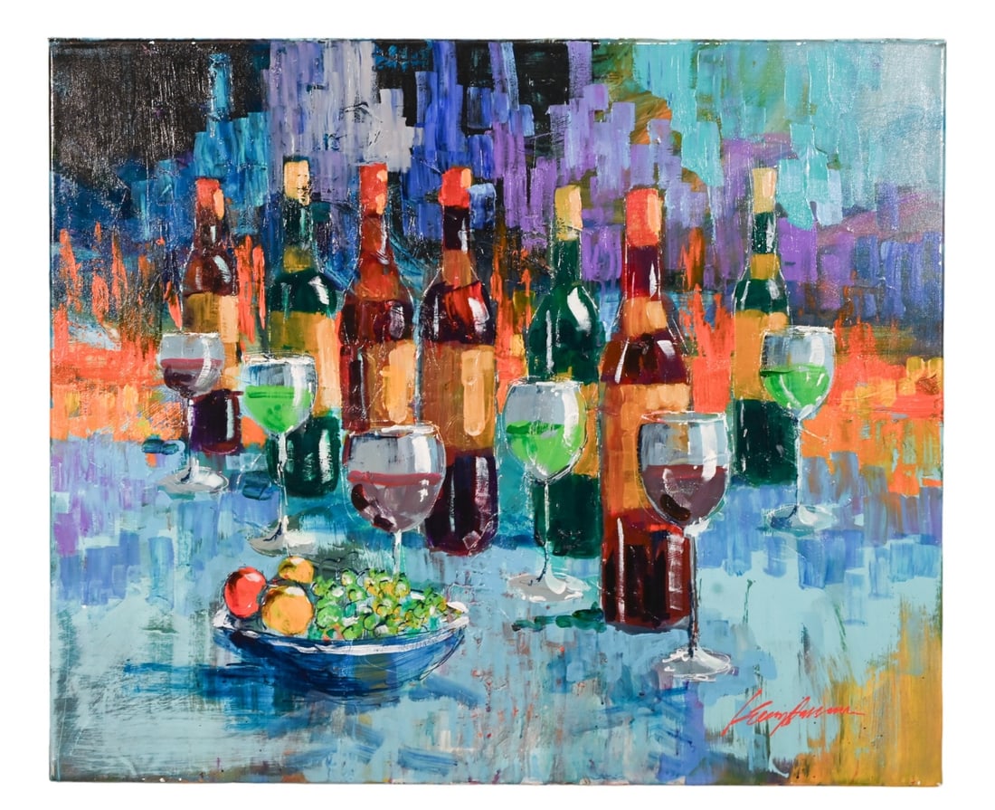 Kerry Hallam Signed Painting Savoir Des Vins: Kerry Hallam, American 1937 - 2020, Signed Acrylic Painting on Canvas Titled Savoir Des Vins, Unframed. Measures 30 inches x 36 inches. From the artist's estate.