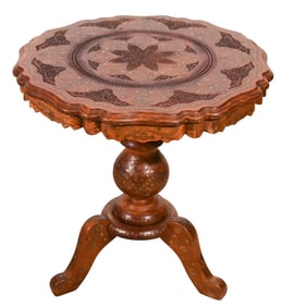 Late 20th C. Boho Carved Brass Inlay Drink Table