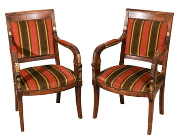 2 French Empire Carved Upholstered Gilt Armchairs