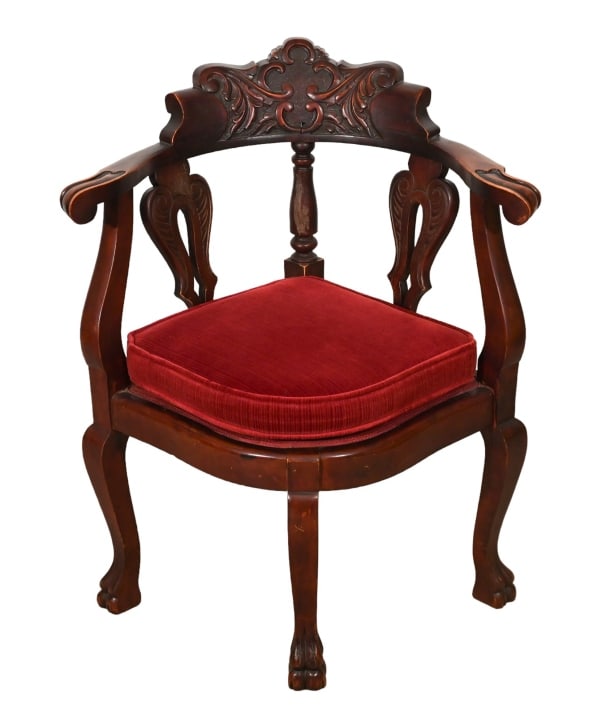 Antique Chippendale Carved Velvet Corner Chair: Antique Chippendale Hand Carved Custom Velvet Upholstered Corner Chair.Measures 33 inches x 28 inches x 21 inches x seat height 18 inches.