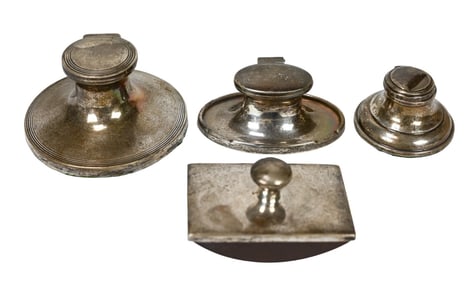 3 Antique Sterling Silver Desk Top Ink Wells, More