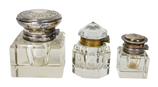 3 Antique Glass & Silver Desk Top Ink Wells
