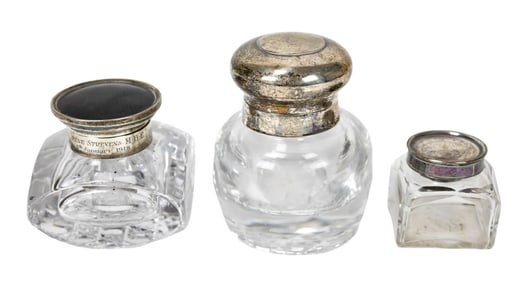 3 Antique Glass & Silver Desk Top Ink Wells