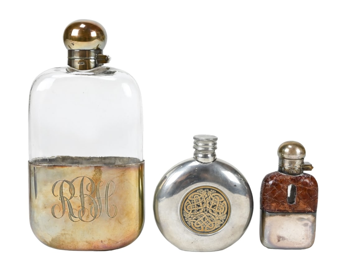 JD&S Antique Silver Plate Pocket Flasks & More: 2 JD&S Antique Silver Plate Pocket Flasks & One Sheffield Pewter Flask. Larger measures 7 inches x 4 inches.