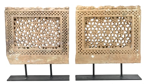 Pair Jali Work Carved Stone Window on Iron Base