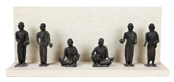 6 Antique Burma, Thai, Buddist Bronze Monk Statues