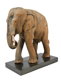 Hand Carved Thai Elephant Statue on Metal Base