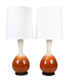 Pair Vintage Flambe Ceramic Lamps w Drum Shades