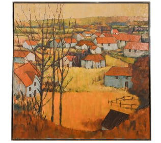 Crosby Signed Oil Painting Fall Village Landscape