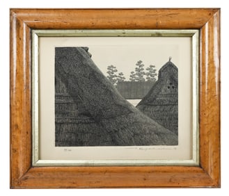 Tanaka Ryohei Signed Engraving Thatched Roof House