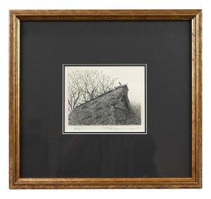 Tanaka Ryohei Signed Engraving Thatched Roof House