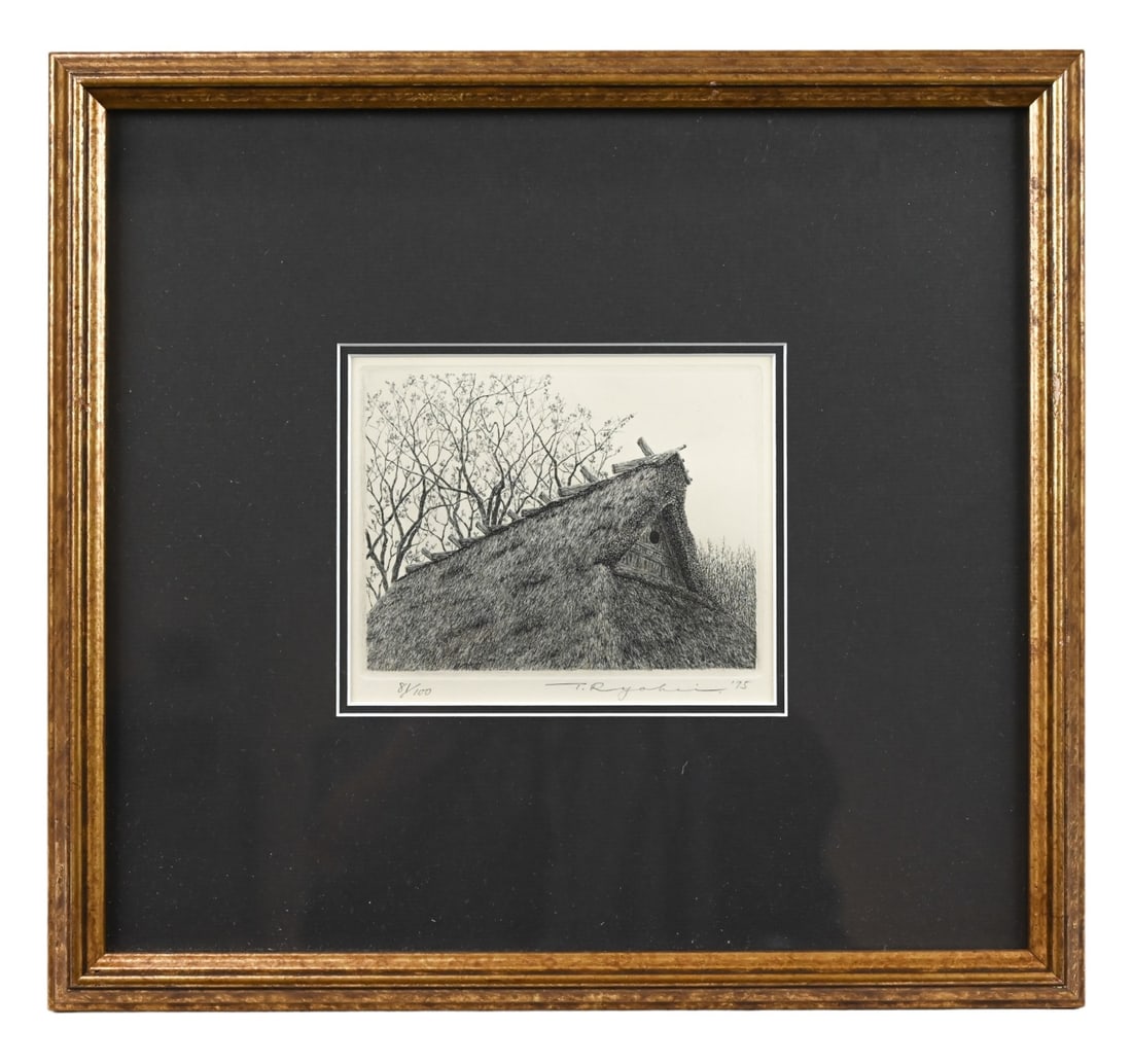 Tanaka Ryohei Signed Engraving Thatched Roof House (1 of 8)