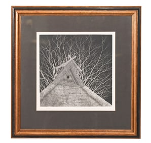 Tanaka Ryohei Signed Engraving Thatched Roof House