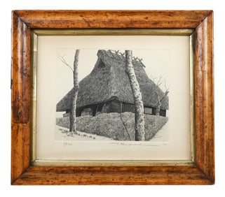 Tanaka Ryohei Signed Engraving Thatched Roof House