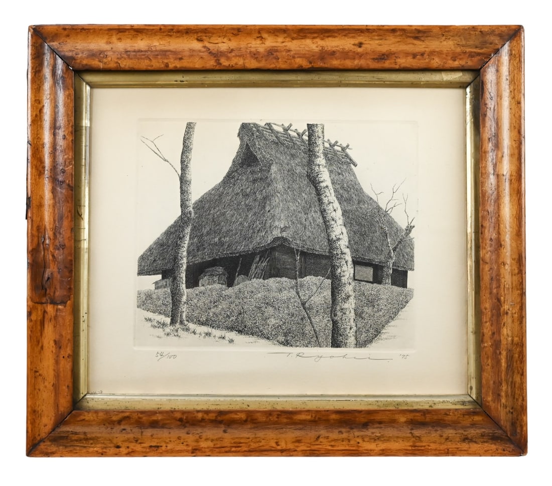 Tanaka Ryohei Signed Engraving Thatched Roof House (1 of 5)