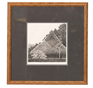 Tanaka Ryohei Signed Engraving Thatched Roof House