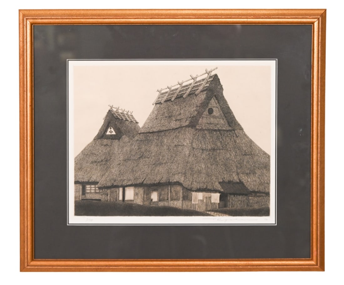 Tanaka Ryohei Signed Engraving Thatched Roof House (1 of 9)