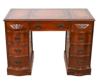 Campaign Style Hand Carved Leather Top Desk
