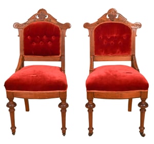 Pair Antique Gothic Revival Carved Velvet Chairs