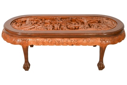 Vintage Chinese Carved Claw Foot Oval Coffee Table