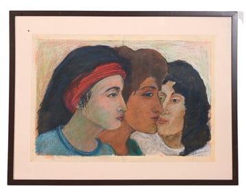 Signed 1997 Pastel Portrait of 3 Women Framed