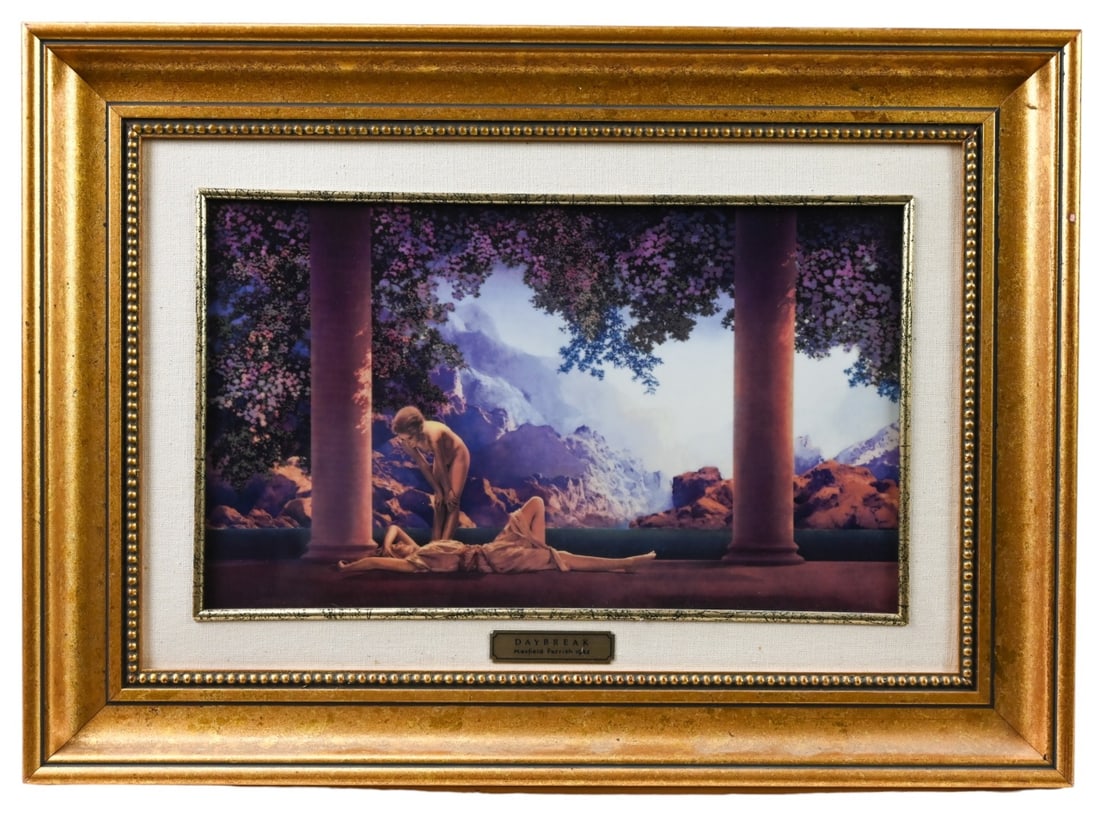 Maxfield Parrish Print on Porcelain Daybreak w COA: Maxfield Parrish Print on Porcelain Titled Daybreak with Certificate of Authenticity From Franklin Mint Numbered 316/9500. Framed measures 13 inches x 18 inches, art measures 8 inches x 12 inches.