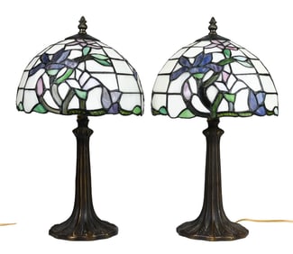 Pair Tiffany Style Stained Glass Table Lamps