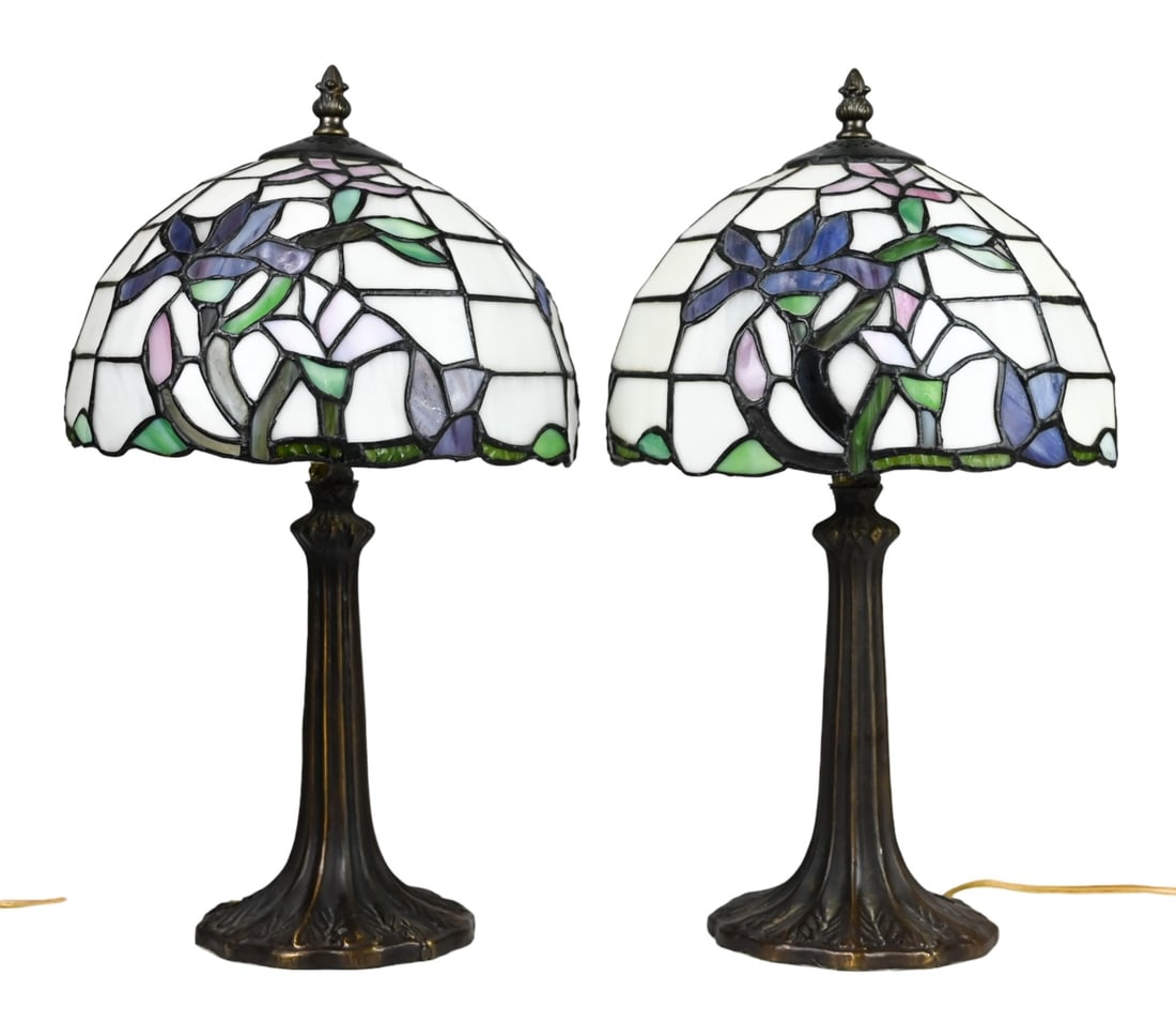 Pair Tiffany Style Stained Glass Table Lamps (1 of 7)